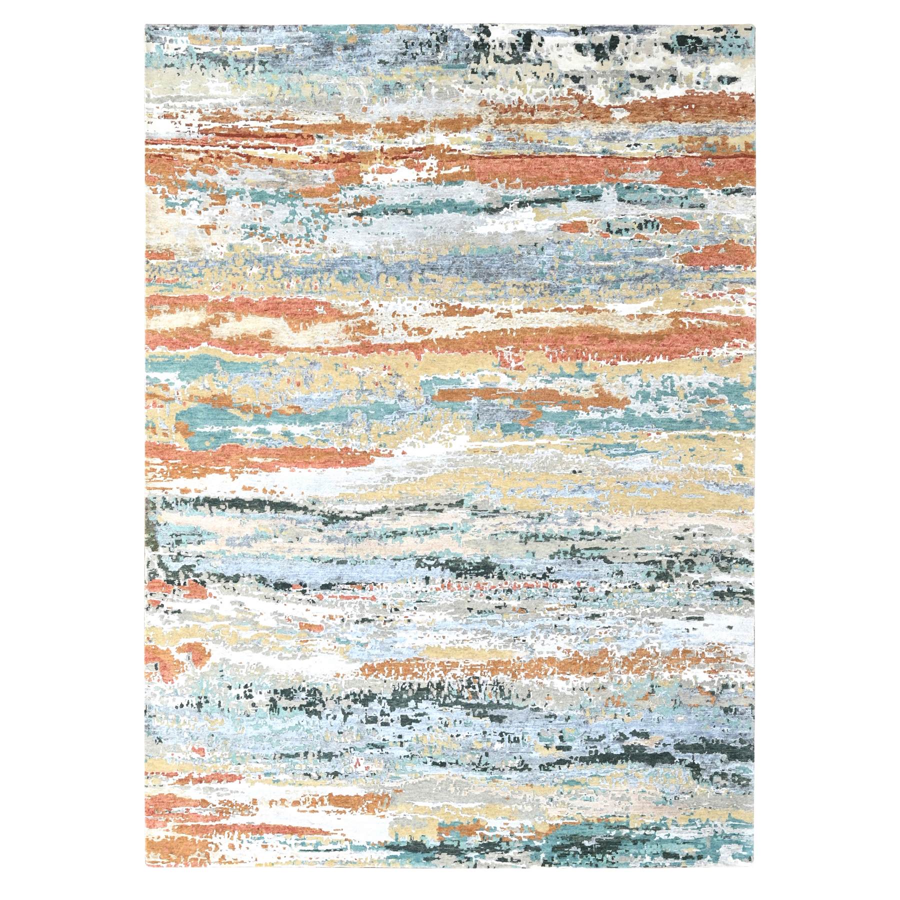 Seaweed Green, Diagonal Abstract with Wavy and Colorful Design, Wool and Plant Based Silk, Hand Knotted, Nepali Weave, Modern, Oriental Rug